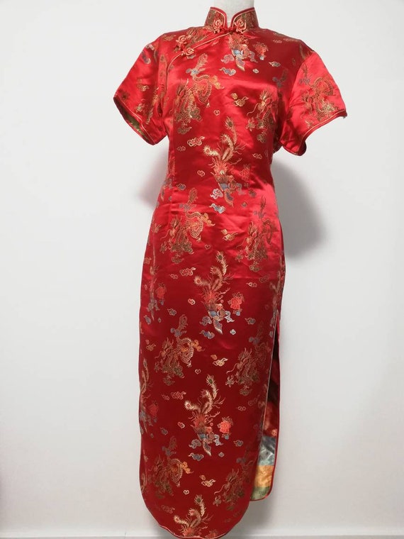 Chinese silk dress, red kimono, ethnic dress, vint