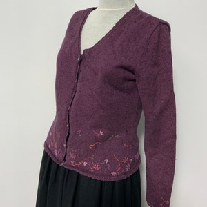 Purple plum knit cardigan with flower embroidery, vintage lady sweater, wool cotton sweater, 90&#39; s sweater, everyday cardigan