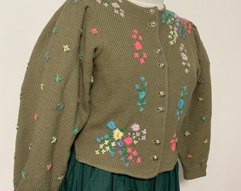Embroidered Wool Tyrolean Sweater, Bavarian Folk Cardigan, fits s/m size