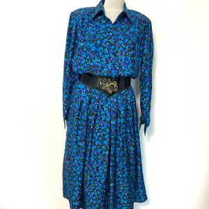 vintage BOTANICAL print dress, royal blue floral dress, Peter Hahn dress, French flower dress, luxurious dress  blue dress, SILK DRESS