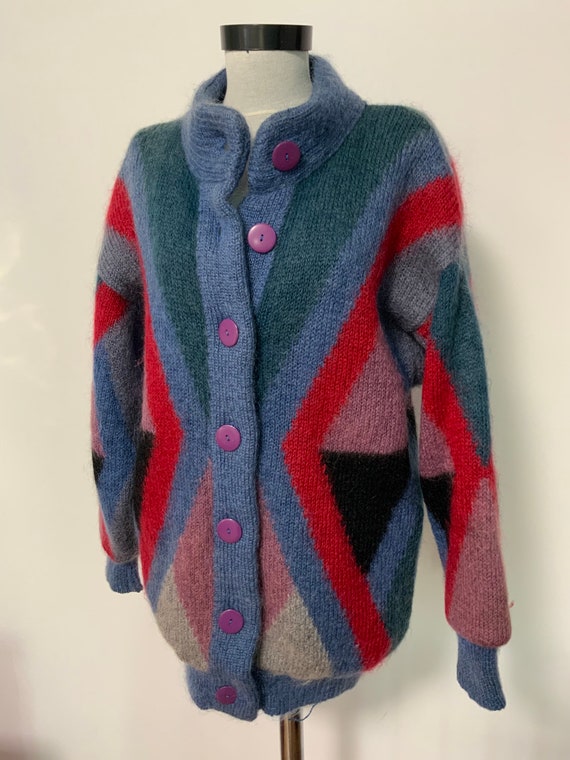 Oversized geometric colorful sweater, 80’s cardig