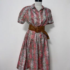 60’s vintage dress, abstract print 70 s dress, midi dress, M size dress, summer dress, short sleeves, pink olive dress