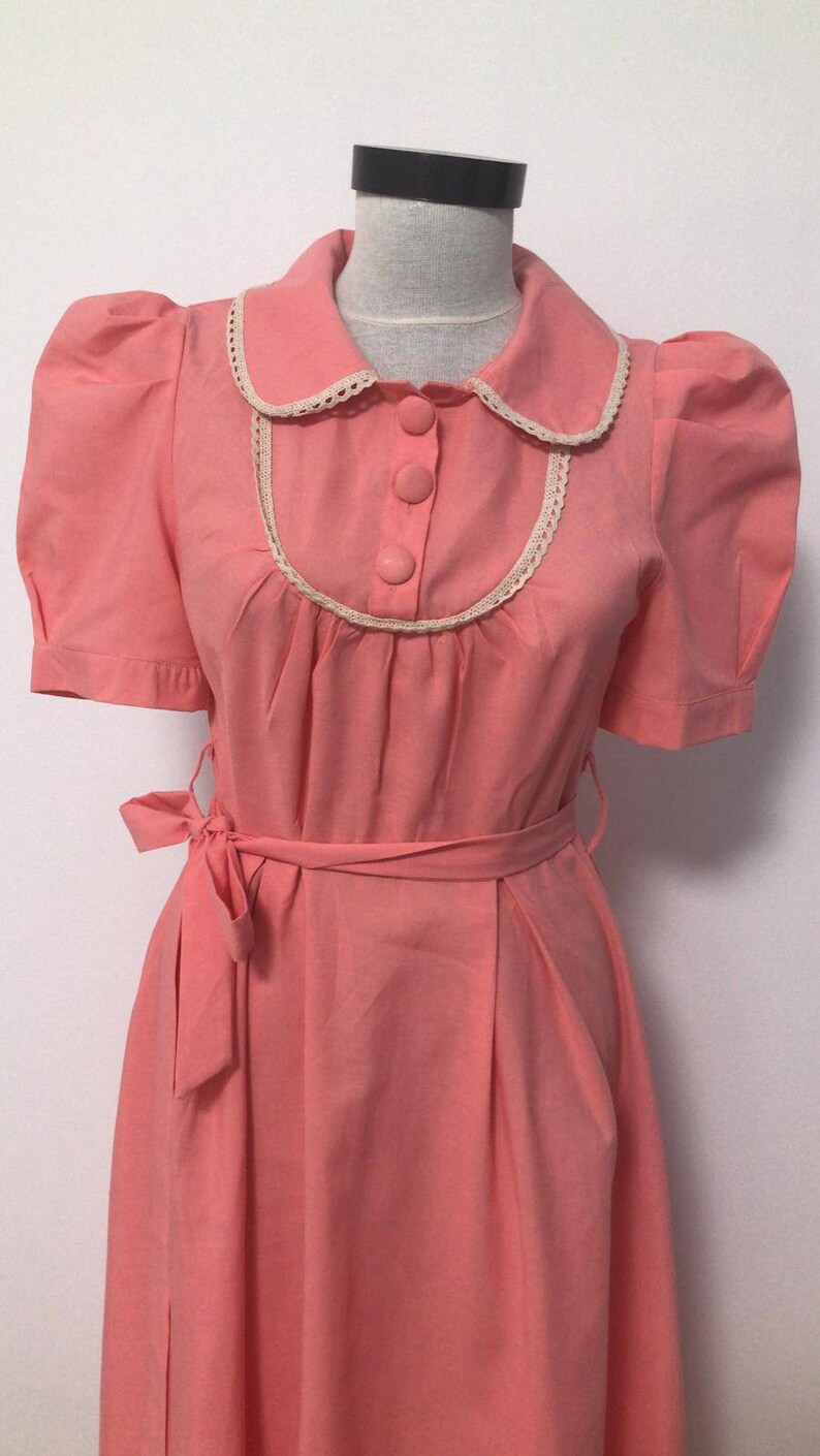 I love Lucy dress from the 60/70's vintage dress, pink dress, shirt collar, short puffy sleeves midi dress, s size dress, summer dress, image 6