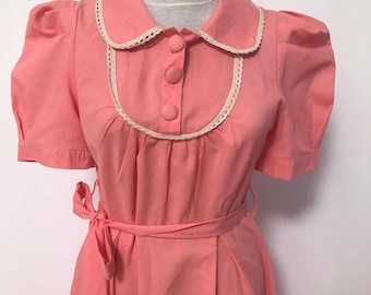 I love Lucy dress from the 60/70's vintage dress,  pink dress, shirt collar, short  puffy sleeves midi dress,  s size dress, summer dress,