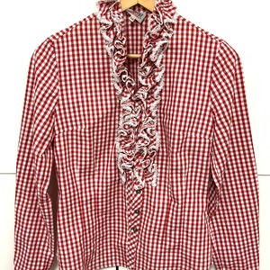Gorgeous white red checkered cotton shirt,trachten shirt, dirndl Blouse,office shirt,secretary shirt, German top, spring blouse,ruffle colar