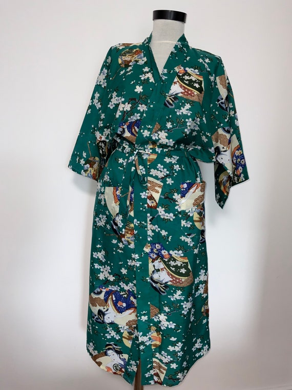 Emerald Green Kimono Robe, Chinese Print, Polyester Blend