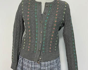 Tyrolean Knit Cardigan, Wool Austrian Sweater, Floral Embroidery fits s size