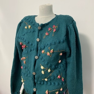 Tyrolean  sweater, wool Austrian sweater, Bavarian  sweater, trachten sweater, dirndl sweater, teal wool cardigan English Rose sweater