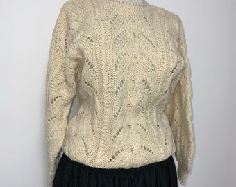Winter butter white sweater, lace pattern, Wool handmade sweater, oversized sweater , vintage sweater, S-M size sweater