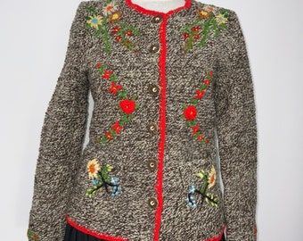 Handmade Tyrolean Wool Cardigan, Embroidered Folk Sweater fits S/M size