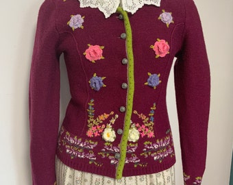 Cárdigan de lana tirolés de punto, estampado floral 3D, estilo austriaco, talla S