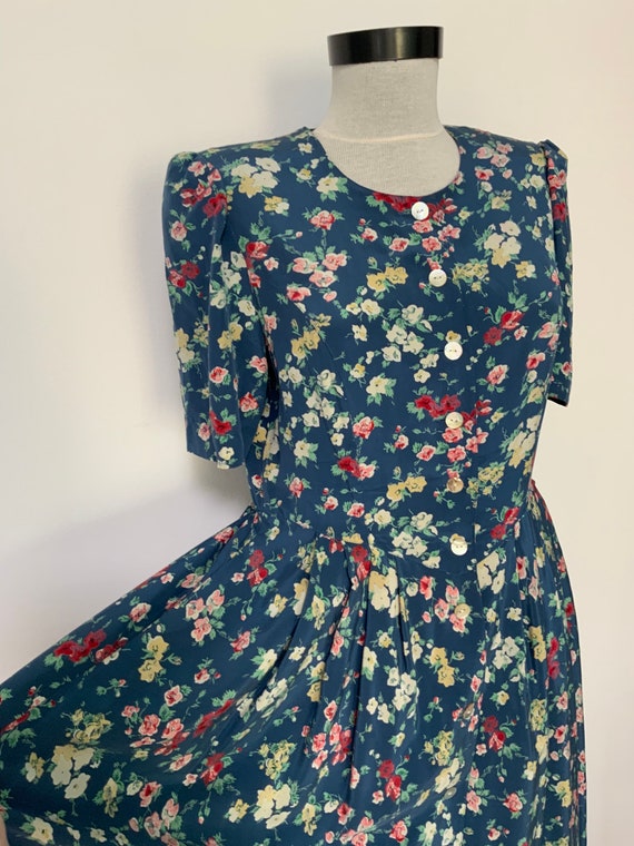 vintage silk dress, dusty blue floral dress, Peter