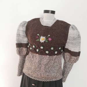 Tyrolean  sweater,handmade  embroidery wool Austrian sweater,Bavarian  sweater,trachten dirndl sweater,folk peasant sweater,puff sleeves