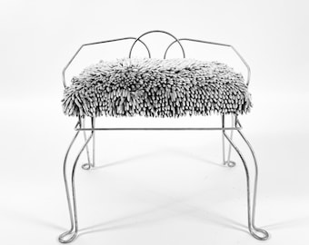 Vintage Chenille Vanity Stool – Distressed Silver Metal, Cabriole Legs
