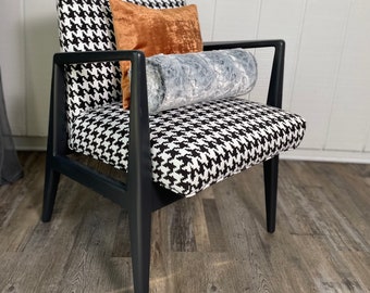 Retro Arm Chair -Mid Century Vintage Arm Chair -  Upholstered UpCycled Modern Chair - Retro Chic Arm Chair - Black / White Mid Century Chair