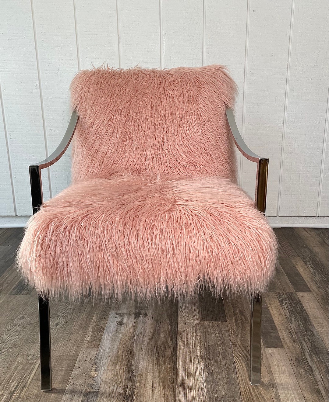 Mid Century Modern Pink Faux Fur Chair Vintage Chrome Etsy
