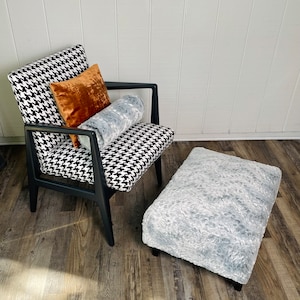 Upcycled Mid-Century Modern Chair-Black and White Upholstered  Cantilever Chair with Black  Wood frame.