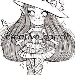 May include: A black and white line drawing of a witch with long hair, wearing a pointed hat with a bow, a dress, and holding a wand. She is wearing fishnet stockings and boots.