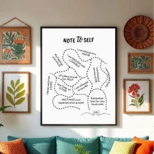 May include: A framed black and white print with the text "NOTE TO SELF" and inspirational phrases. The print is surrounded by other framed botanical art and decorative items, creating a gallery wall.