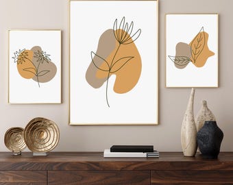 Juego de 3 impresiones de pared bohemias, arte abstracto botánico, decoración de hojas de mediados de siglo, arte de pared imprimible en terracota beige, juego de arte de pared bohemio.