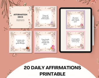 Bonita baraja imprimible de tarjetas de afirmación florales: 20 frases positivas diarias para la atención plena, la calma, el amor propio y el bienestar. Descarga instantánea.