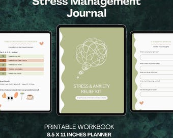 Kit para aliviar el estrés y la ansiedad / Cuaderno de ejercicios imprimible / Diario de autocuidado / Salud mental y atención plena (PDF) / Manejo del estrés (PDF)