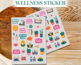 Hoja de pegatinas imprimibles de bienestar / pegatinas de garabatos / 15 diseños de garabatos pastel / pegatinas con citas positivas e íconos de autocuidado para diarios