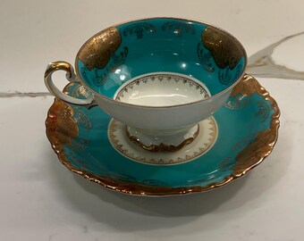 Vintage Goebel Teacup Saucer | Turquoise Gold Gilt Porcelain | German Tea Set (5.5 oz)