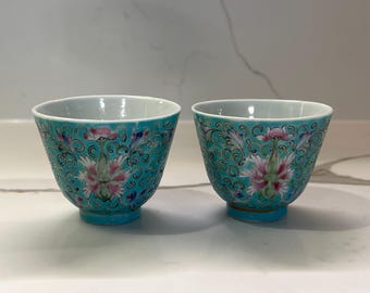 Juego de tazas de café expreso turquesa vintage / Taza de espresso de porcelana esmaltada con flores pintadas a mano