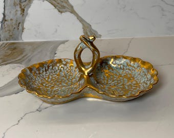 Vintage Stangl Pottery Geteilte Servierplatte, 22KT Gold Türkis, Handbemalt Mid Century Modern