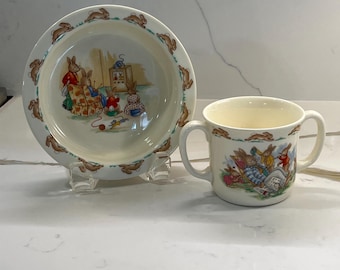 Juego de cuenco y taza Royal Doulton Bunnykins, porcelana fina del Jubileo Dorado de 1984