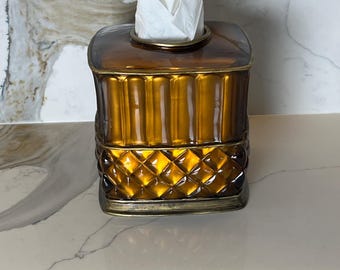 Vintage amberkleurige acryl hoes tissuedoos – plastic toilettafel tissuehouder uit het midden van de eeuw – badkamerdecor in imitatieglaslook