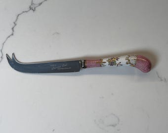 ヴィンテージ シェフィールド ステンレススチール チーズナイフ – 磁器製花柄ハンドル ピンク＆ゴールド – イギリス製 サービングナイフ