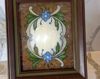 Espejo de pared floral vintage – Marco de madera con motivo azul y verde pintado a mano – Espejo decorativo de estilo rústico europeo