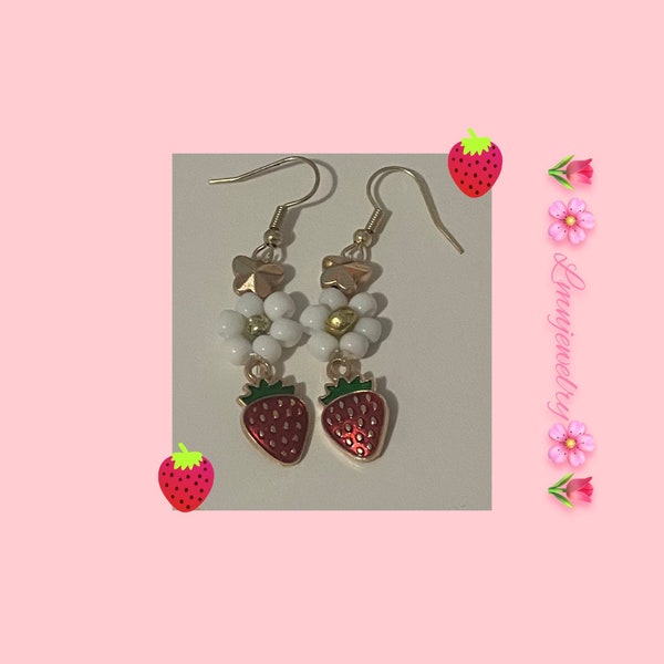 Strawberry Blossom Earrings | Butterfly Strawberry Blossom Earrings | Strawberry Earrings | Strawberry Accessories | Strawberry Jewelry