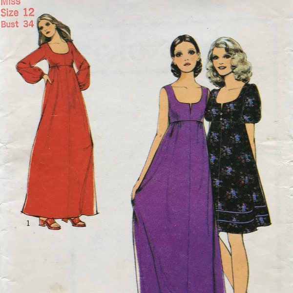 UNCUT - 1970’s STYLE - Baby Doll Dress w/Scoop Neck, Sleeve & Lengths Options  #3695 - Size 12 Sewing Pattern