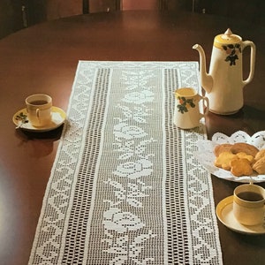 May include: A white, open-weave crochet table runner, 43 inches long by 14 inches wide, with floral patterns. A teapot, creamer, teacups, and cookies are arranged on a dark wood table. The text "Centerpiece 110cm by 35cm" is visible.