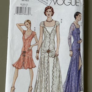 May include: Vogue pattern 7571 showing illustrations of three stylish dresses. The dresses are in coral, white, and purple. The pattern includes sizes 8, 10, and 12. The Vogue logo and the Lincraft Canberra logo are visible.
