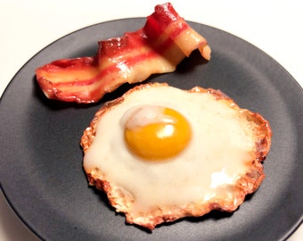 Bacon Fried Egg Sculpture - Food Sculpture - Clay Bacon Art - Food Art - Fake Fried Egg Bacon - Polymer Clay Egg - Sculpture by Shaolan Sung