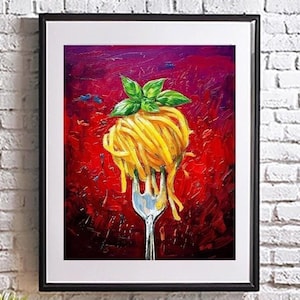 May include: A painting of a fork with a large mound of yellow pasta on it. The pasta is topped with a green basil leaf. The background is a red and purple abstract design.