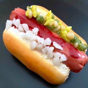 Hot Dog Sculpture - Fake Hot Dog - Clay Hot Dog Art - Chubby Hot Dog - Miniature or Life-Size - Junk Food Art - Food Sculpture - Food Art