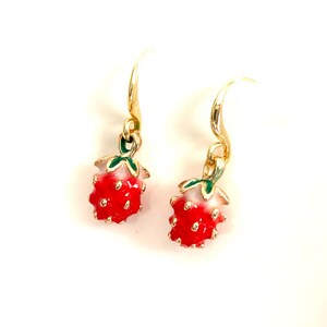 Dainty Strawberry Dangle Earrings ~ 14K gold-plated simple, elegant earring hooks ~ Lightweight fruit earrings