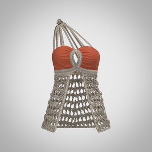 Könnte beinhalten: Ein einseitiges Häkeltop mit einem orangefarbenen Bandeau-Oberteil und einem Häkelrock. Das Oberteil hat einen Ausschnitt vorne.