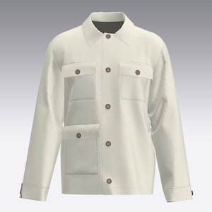 May include: A white utility jacket with a button-up front and multiple pockets. The jacket has a brown collar and brown buttons.