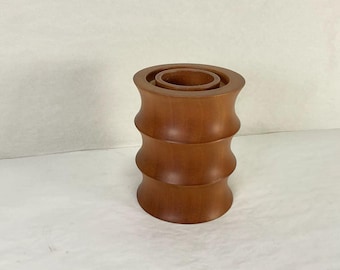 A3-10 Zodax Wooden Pillar Candle Holder, Ribbed Acacia Wood Candlestick, 4" Modern Boho Candle Stand, Rustic Farmhouse Table Centerpiece