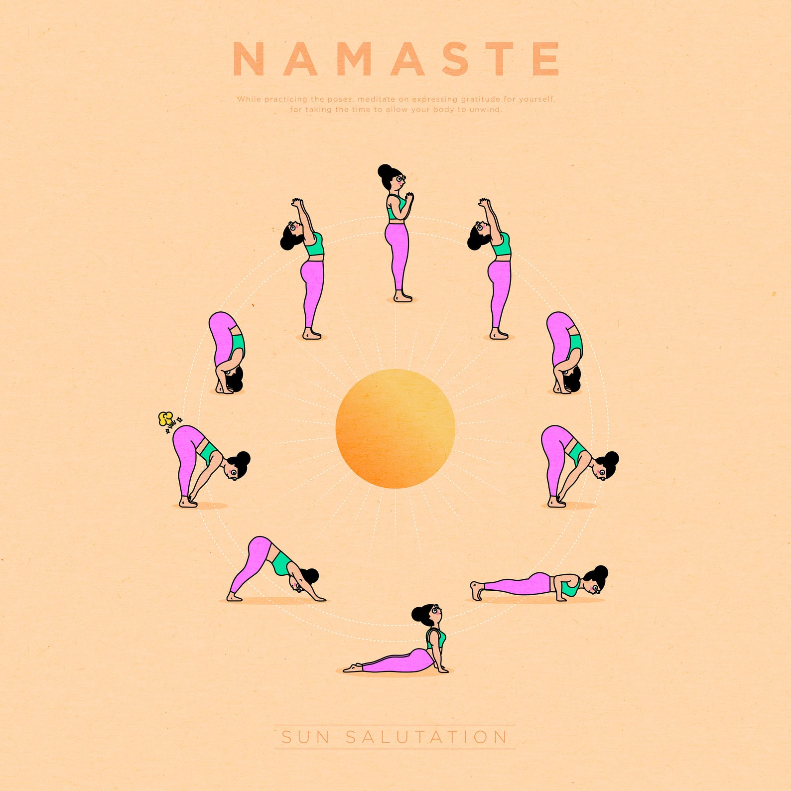 Sun salutation print vinyasa print design cute yoga | Etsy