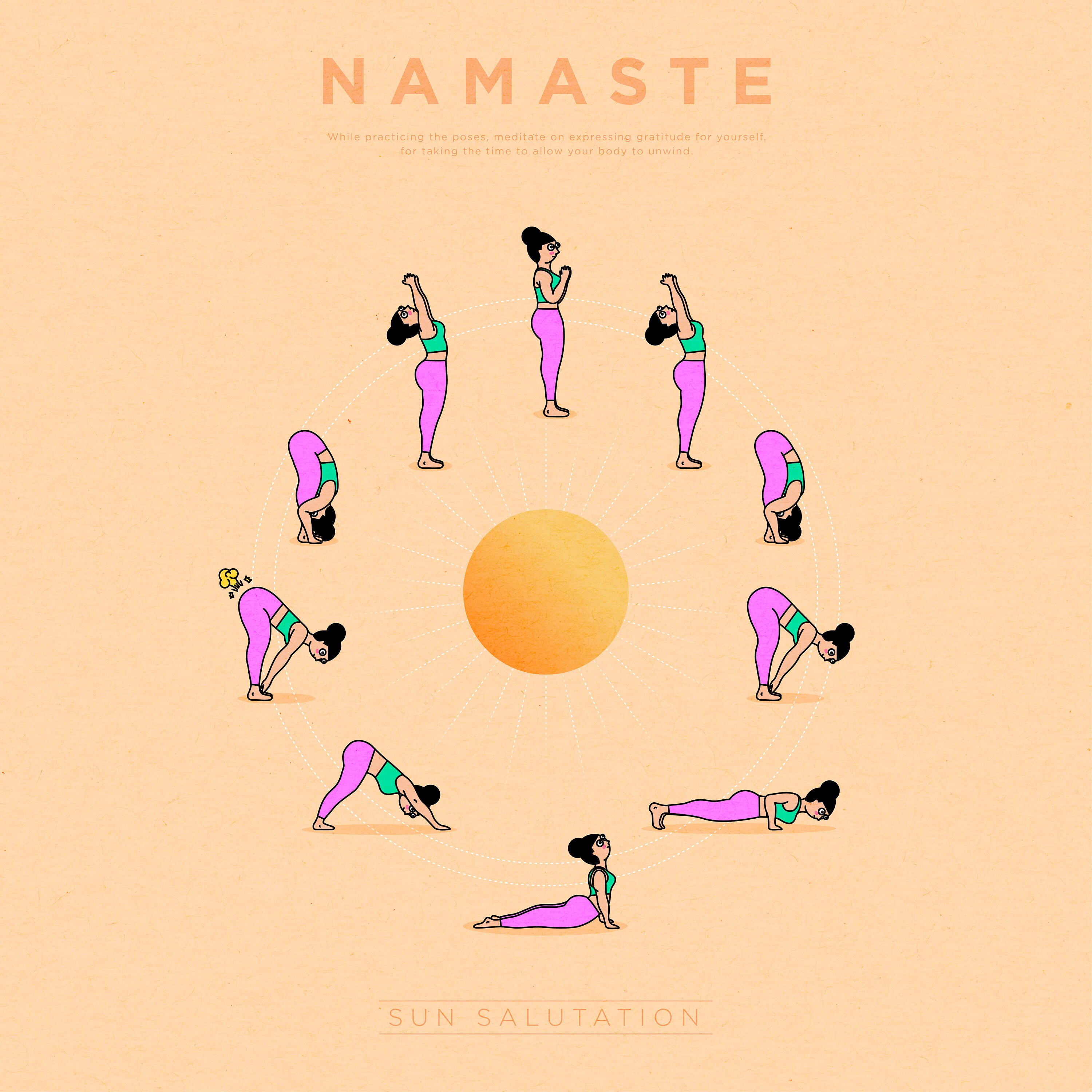 Sun salutation print vinyasa print design cute yoga | Etsy
