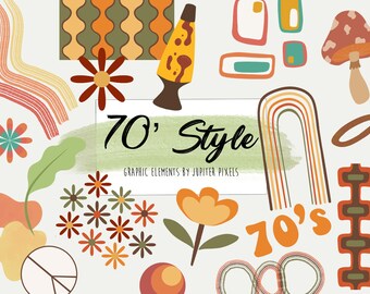 May include: A collection of retro-themed graphic elements in shades of orange, brown, and green. The image includes a lava lamp, flowers, a mushroom, and the text "70's Style". The design is reminiscent of the 1970s era.