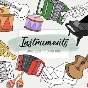 Musical instruments clipart / colored and black and white / instant download