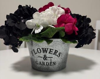 Artificial Hydrangea Flower Arrangement in Galvanized Metal Pot, Black White Pink Floral Centerpiece, Farmhouse Home Decor